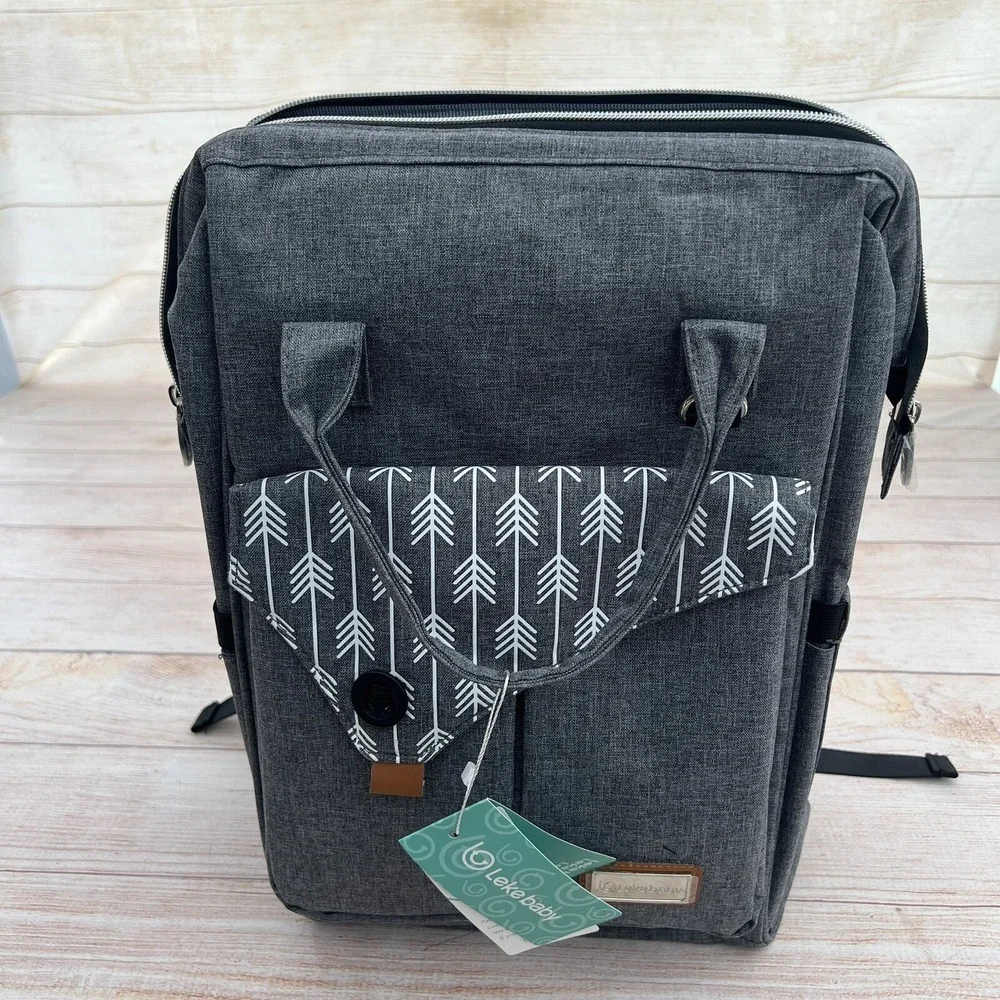 Lekebaby NWT Gray Arrow Pattern Diaper Bag Backpack Wide Open Travel Large